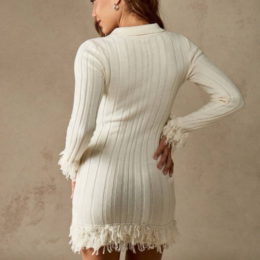 MISSGUIDED Ribbed Knit Mini Dress With Fringe Winter Long Sleeve Turtleneck - Picture 3 of 7